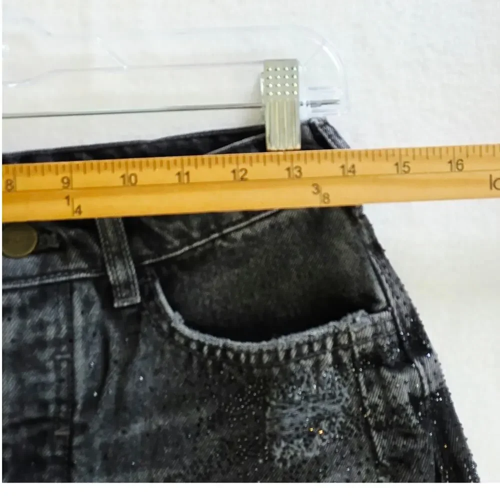 Pilcro Anthropologie Devon Denim Shorts 25 Black Rhinestone Distressed Frayed